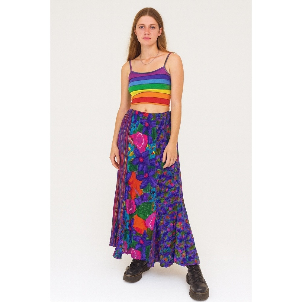 Carole‎ Little Petites Maxi Skirt Floral Striped Purple Multicolor Elastic Waist